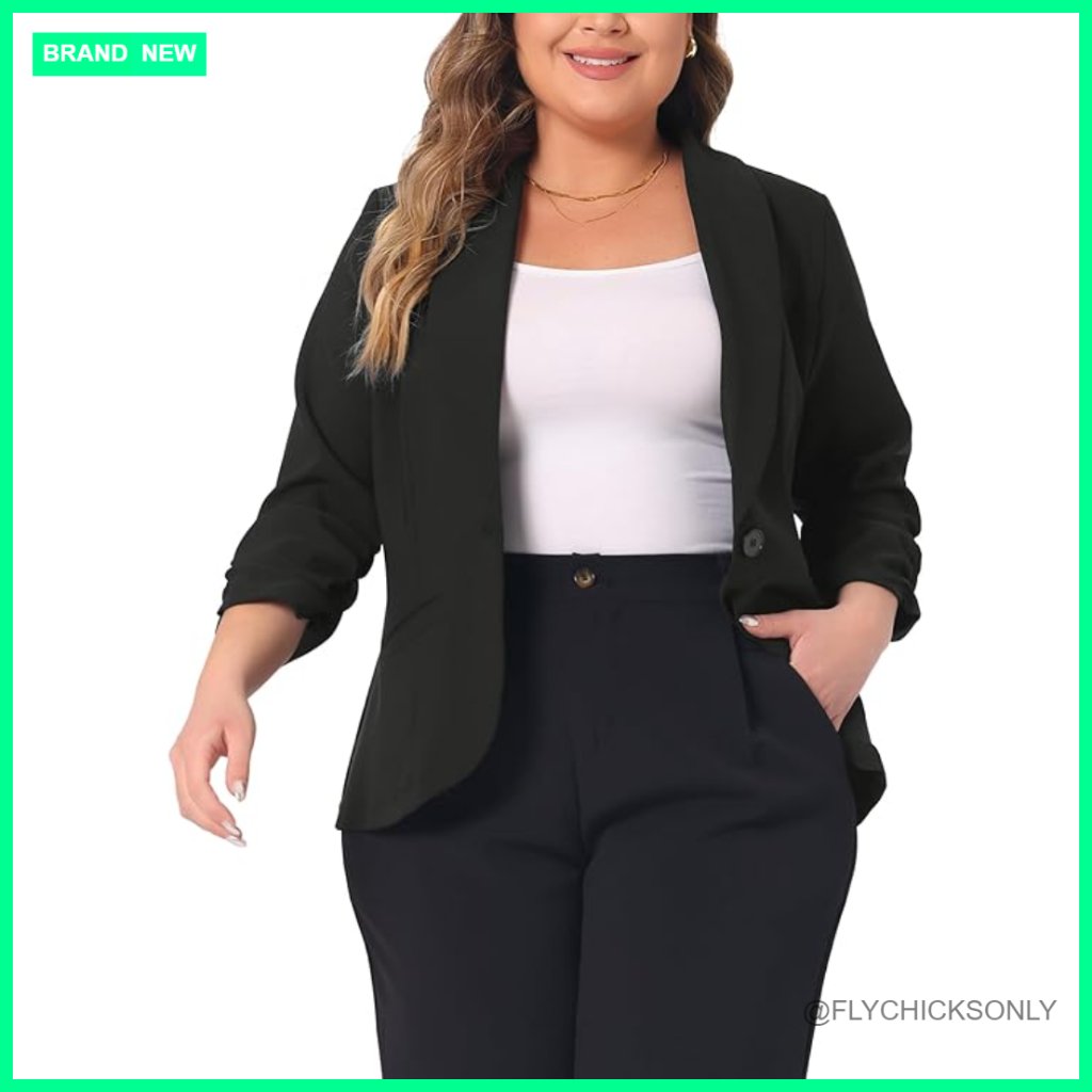Plus Size Blazer 3/4 Ruched Sleeve Open Front Lightweight Wool Blend